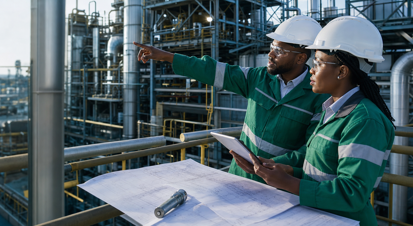 Engineers reviewing drawings at an industrial plant