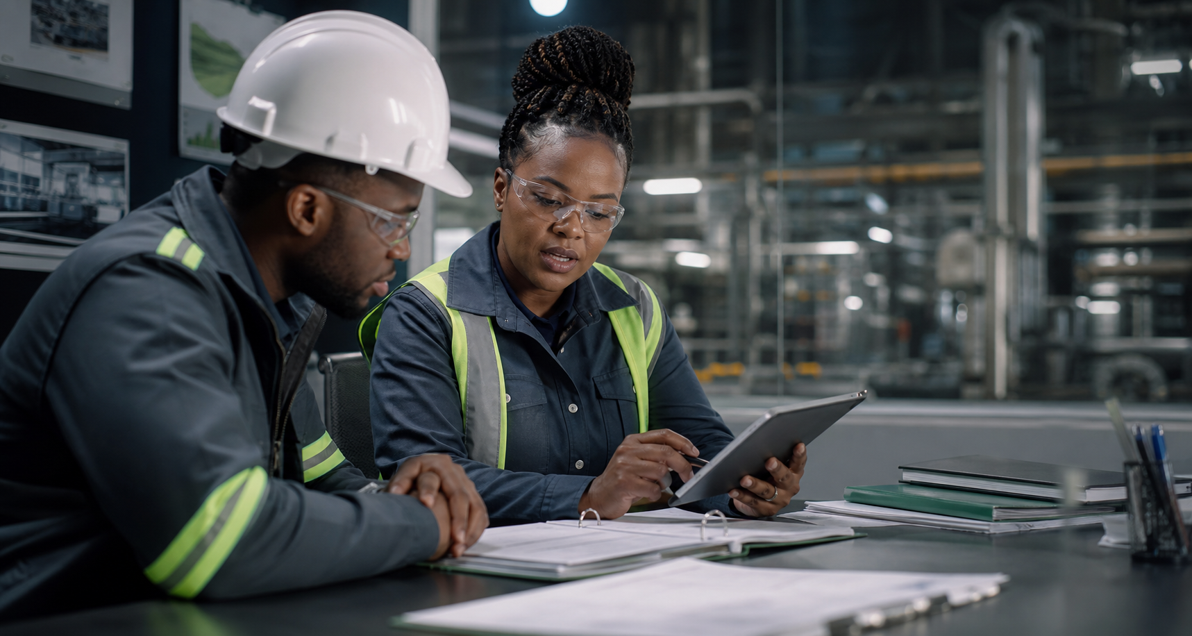 PROXICOM engineers reviewing drawings at an industrial plant