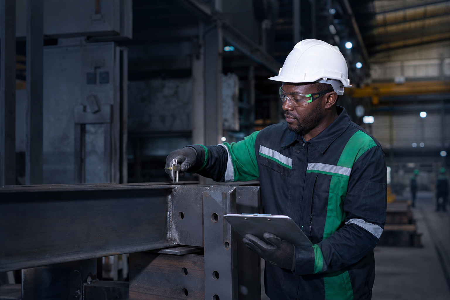 Quality inspector verifying fabricated steel on site